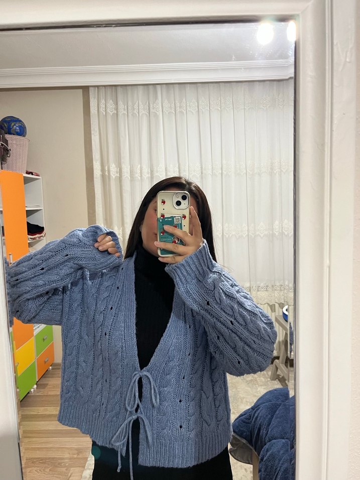 Mavi Örgü Kadın Hırka - Görsel 2