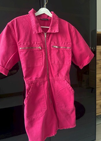 Pembe Kısa Tulum, V Yaka, Kısa Kol - Görsel 3