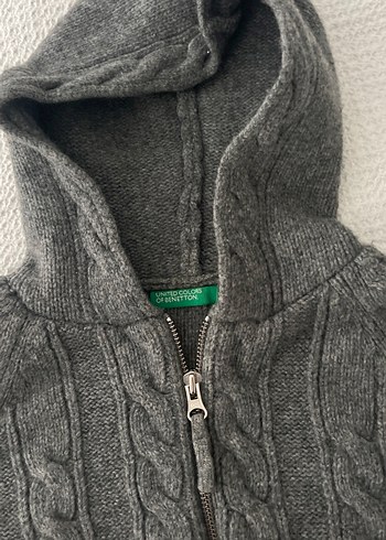 Benetton Gri Kapüşonlu Örgü Hırka - Görsel 3