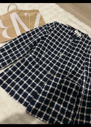 Düğmeli Mavi Ekoseli Midi blazer zaraKadın Kaban