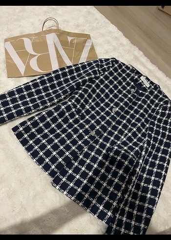 m Beden Düğmeli Mavi Ekoseli Midi blazer zaraKadın Kaban