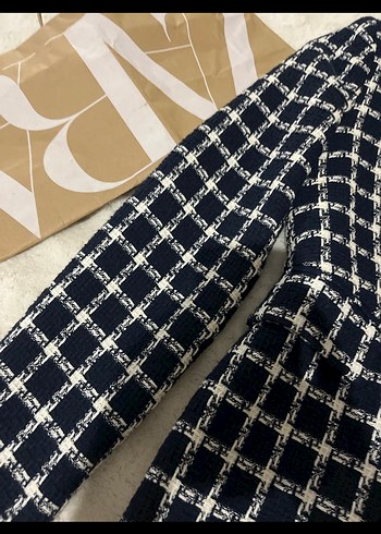 Zara Düğmeli Mavi Ekoseli Midi blazer zaraKadın Kaban