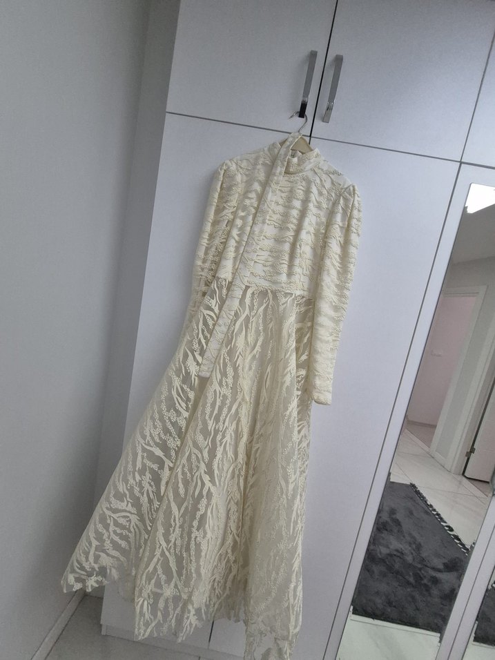 Uzun Kollu Beyaz Bohem Keten Elbise - Görsel 5