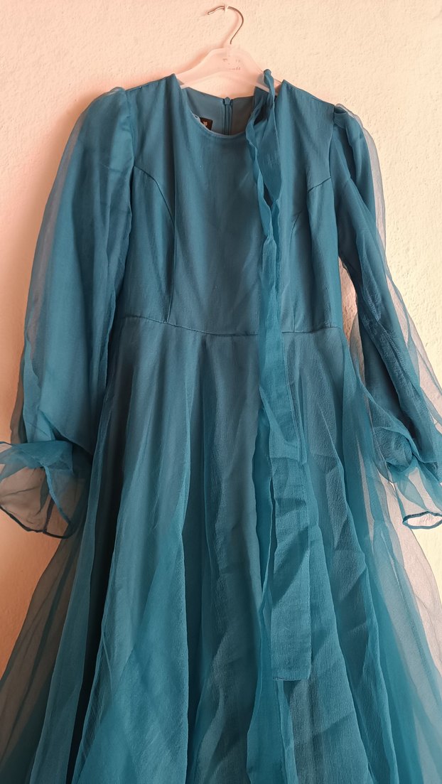 Mavi Uzun Kollu Bohem Vintage Kadın Elbise - Görsel 2