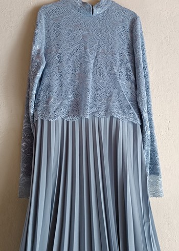 Uzun Kollu Pilili Mavi Kadın Elbise - Görsel 2