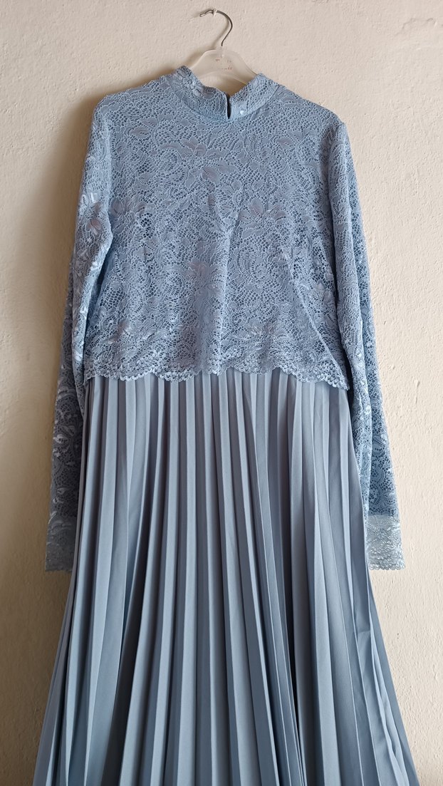 Uzun Kollu Pilili Mavi Kadın Elbise - Görsel 2