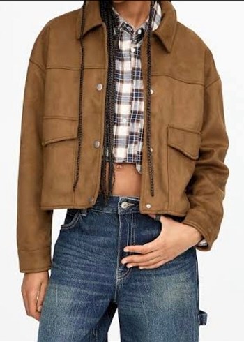 Pull and Bear Düğmeli Kahverengi Süet Kadın Ceket