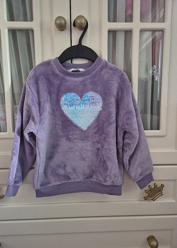 H&M Mor Peluş Kız Sweatshirt Parlak İşlemeli