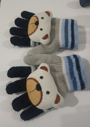 Gri Örme Çocuk Bere ve Ayıcıklı Eldiven Seti - Görsel 3