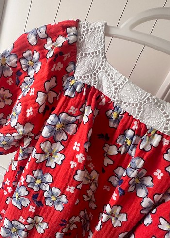 Kız Çocuk Kırmızı Çiçekli Pamuklu Elbise - Görsel 5