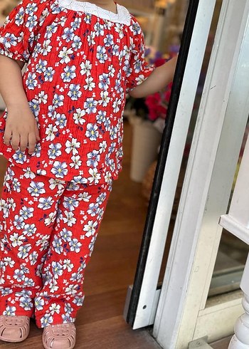 Kız Çocuk Kırmızı Çiçekli Pamuklu Elbise - Görsel 6