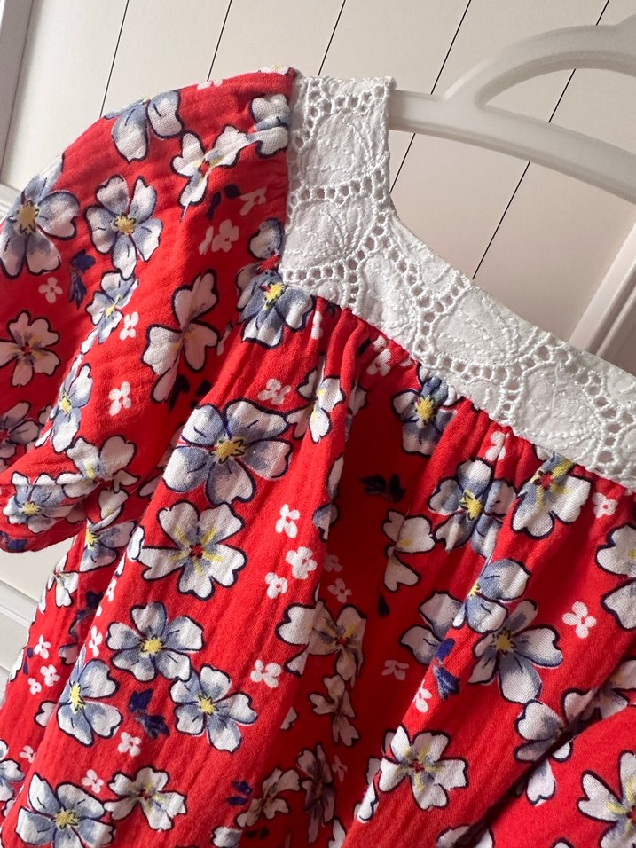 Kız Çocuk Kırmızı Çiçekli Pamuklu Elbise - Görsel 5