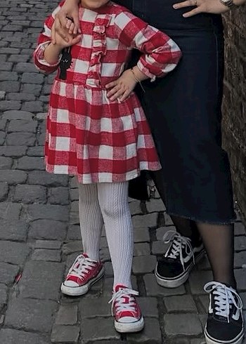 Uzun Kollu Kırmızı Ekose Kız Elbisesi - Görsel 5