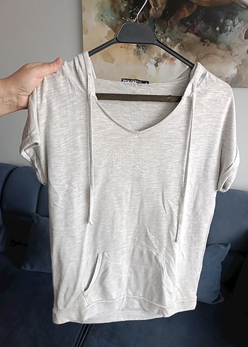 Bej V Yaka Kısa Kollu Kadın Tişört - Görsel 2