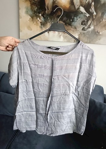 Gri Keten Kısa Kollu Salaş Kadın Gömlek - Görsel 3