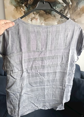 Gri Keten Kısa Kollu Salaş Kadın Gömlek - Görsel 2