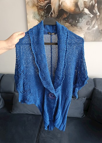 Mavi Örgü Kadın Hırka Yakalı - Görsel 3
