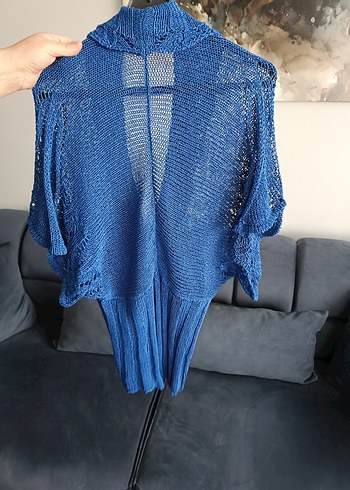 Mavi Örgü Kadın Hırka Yakalı - Görsel 2