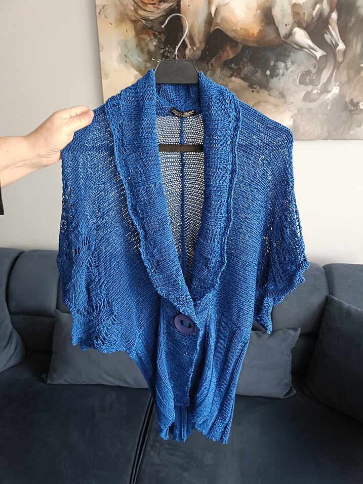 Mavi Örgü Kadın Hırka Yakalı - Görsel 3