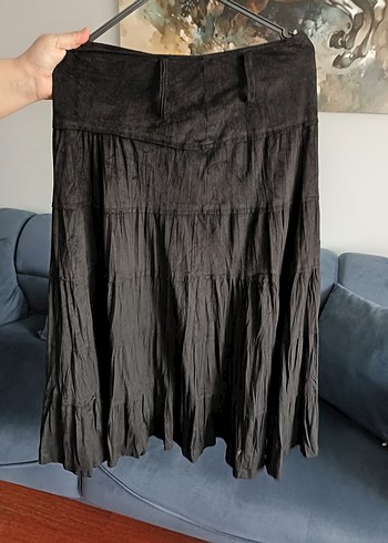 Gri Keten Kadın Uzun Etek Fırfırlı - Görsel 3