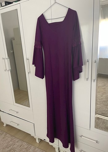 xl Beden Uzun Mor V Yaka Dökümlü Elbise/Abiye