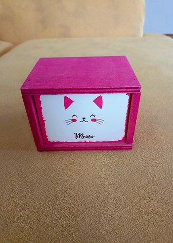 Pembe Kedi Desenli Ahşap Kutu