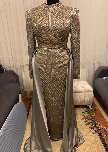 Uzun Kollu Drapeli Gri Abiye Elbise - Görsel 5