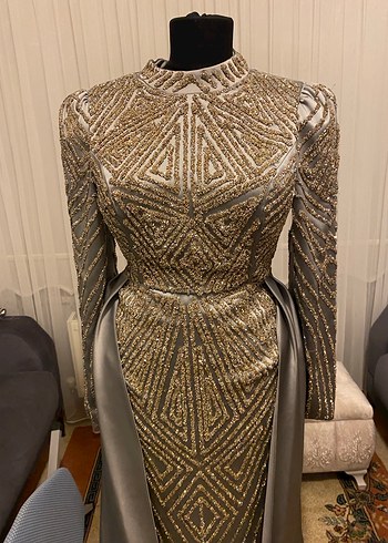 Uzun Kollu Drapeli Gri Abiye Elbise - Görsel 6