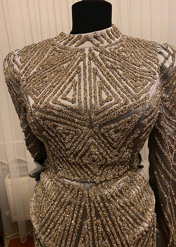 Uzun Kollu Drapeli Gri Abiye Elbise - Görsel 3