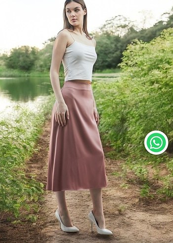 s Beden Gül kurusu Midi Kadın Saten Etek