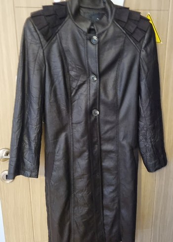 Kadın Siyah Deri Kemerli Uzun Ceket - Görsel 2