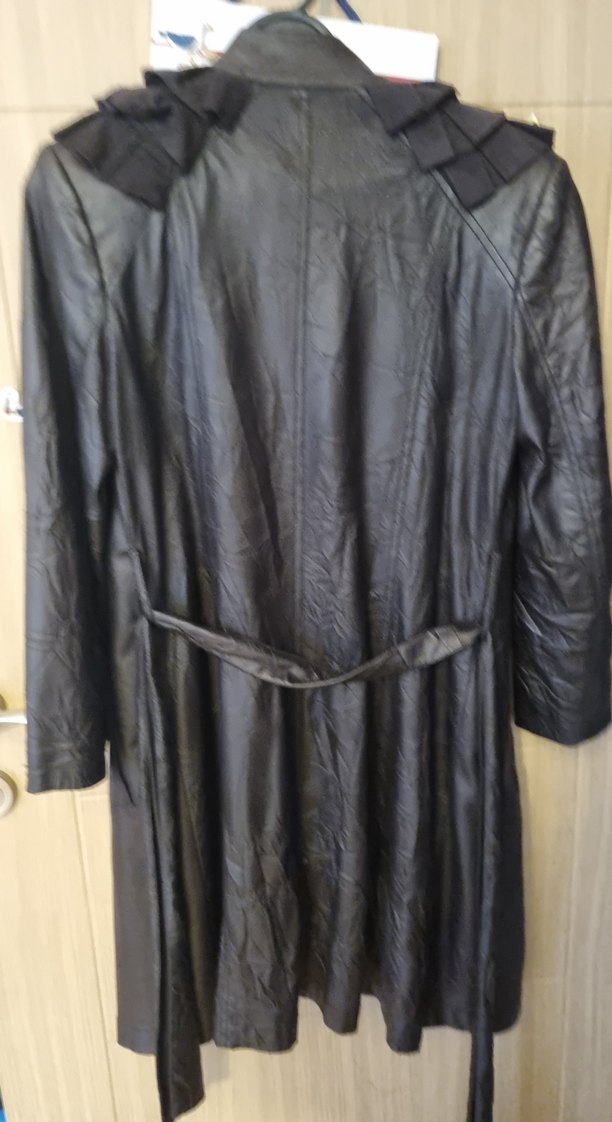 Kadın Siyah Deri Kemerli Uzun Ceket - Görsel 5