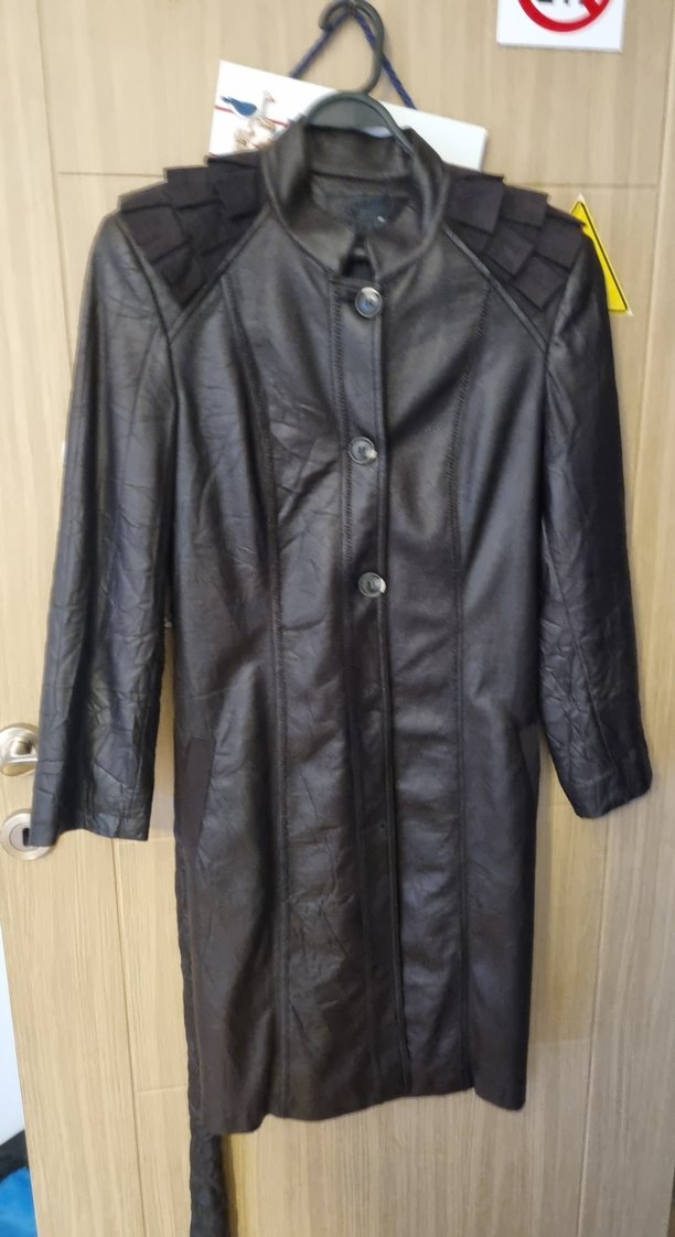 Kadın Siyah Deri Kemerli Uzun Ceket - Görsel 2