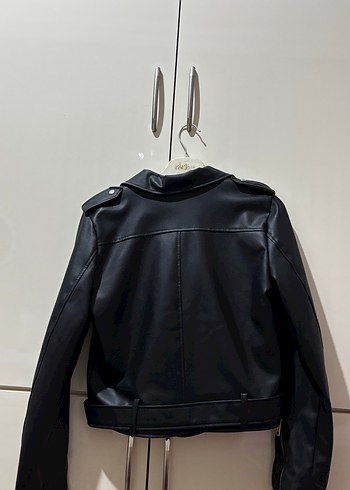 Kadın Siyah Kemerli Deri Biker Ceket - Görsel 2