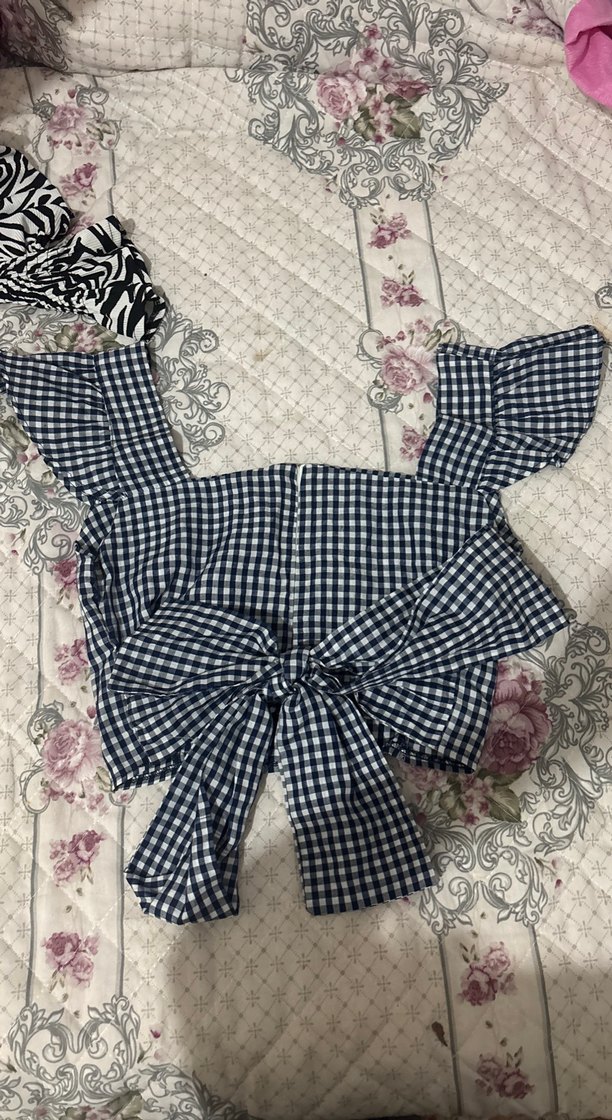 Mavi Kareli Volanlı Kısa Kollu Bluz - Görsel 2