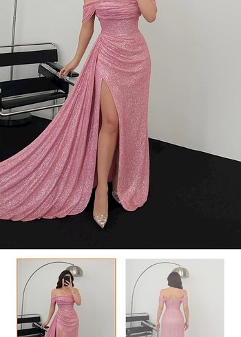 Pembe Parlak Straplez Uzun Abiye Elbise - Görsel 4