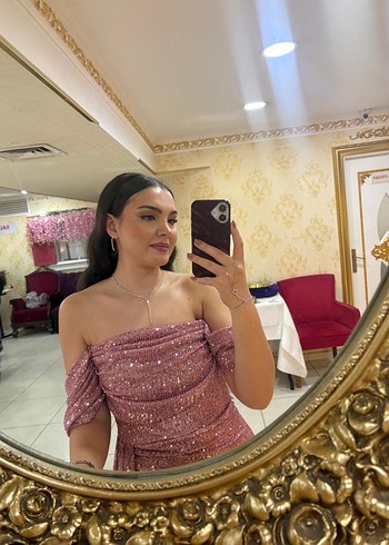 Pembe Parlak Straplez Uzun Abiye Elbise - Görsel 3