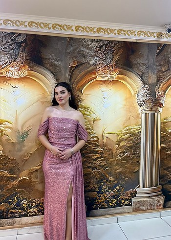 Pembe Parlak Straplez Uzun Abiye Elbise - Görsel 2