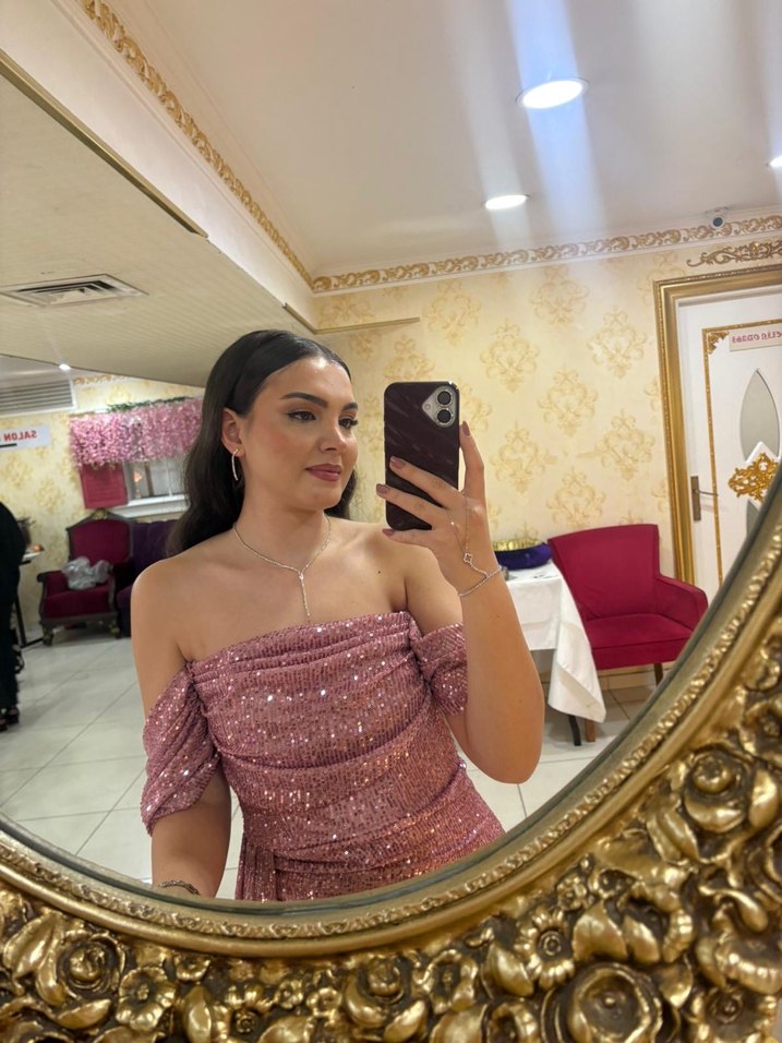 Pembe Parlak Straplez Uzun Abiye Elbise - Görsel 3