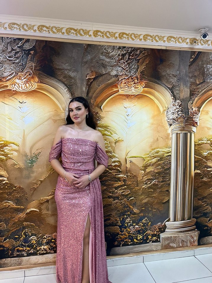 Pembe Parlak Straplez Uzun Abiye Elbise - Görsel 2