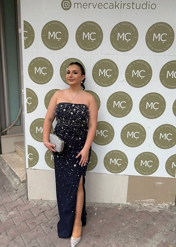 Lacivert Straplez Payetli Taşlı Uzun Abiye Elbise - Görsel 2