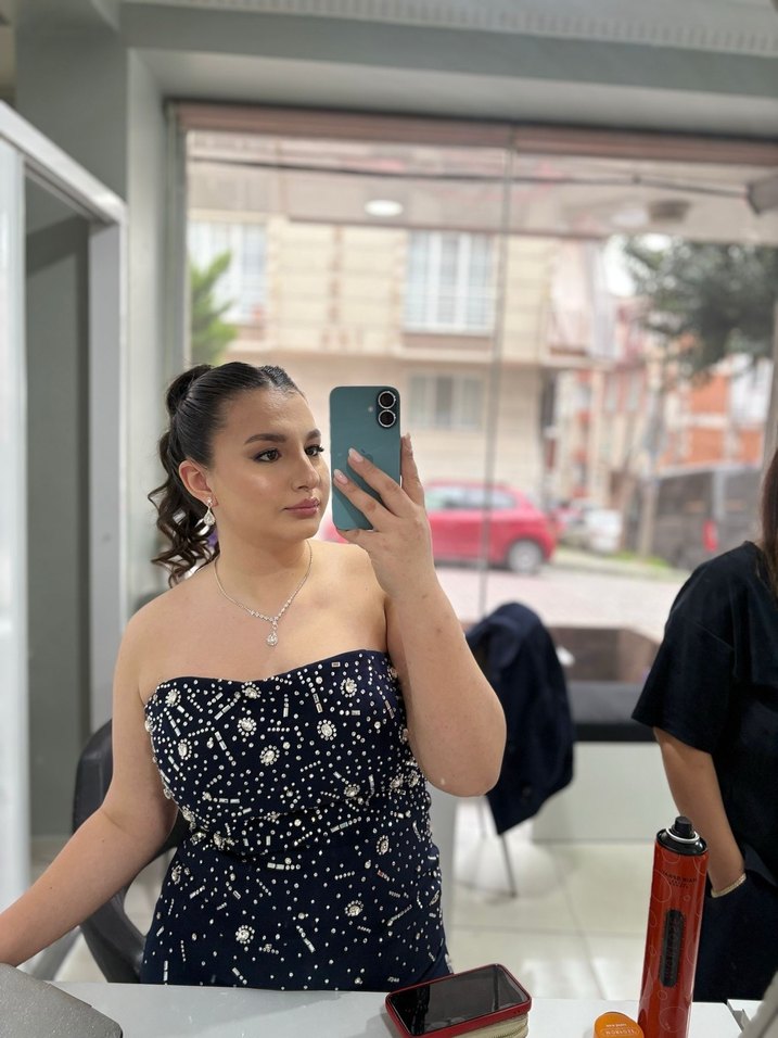 Lacivert Straplez Payetli Taşlı Uzun Abiye Elbise - Görsel 5