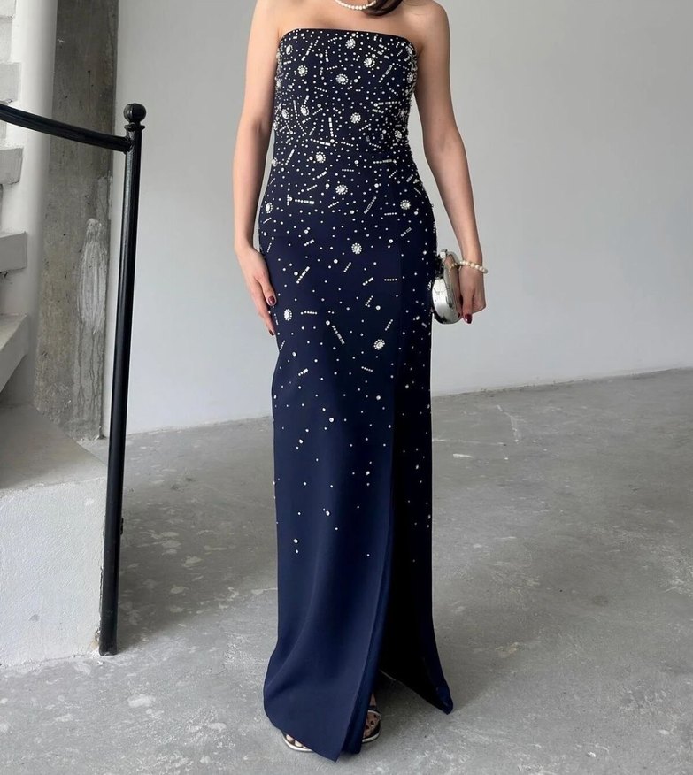 Lacivert Straplez Payetli Taşlı Uzun Abiye Elbise - Görsel 4