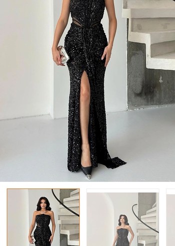 Straplez Siyah Parlak Leopar Desenli Uzun Elbise - Görsel 4