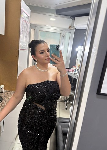 Straplez Siyah Parlak Leopar Desenli Uzun Elbise - Görsel 2