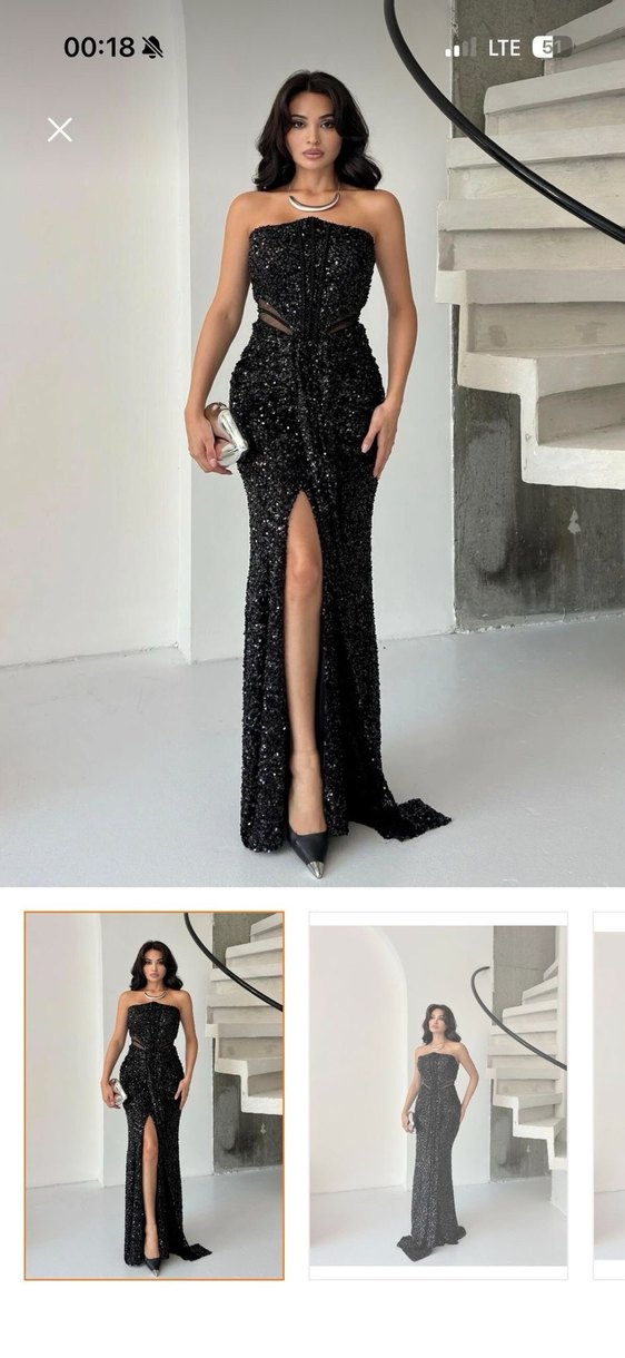 Straplez Siyah Parlak Leopar Desenli Uzun Elbise - Görsel 4