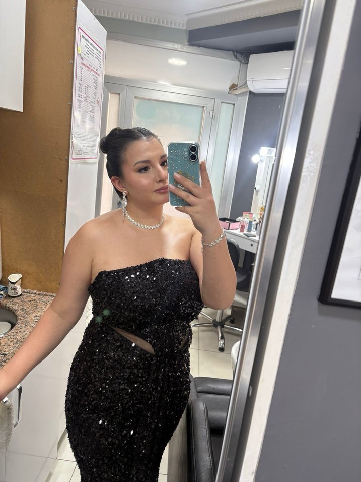 Straplez Siyah Parlak Leopar Desenli Uzun Elbise - Görsel 2