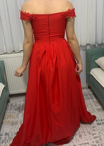 Kırmızı Drape Detaylı Uzun Abiye Elbise - Görsel 2