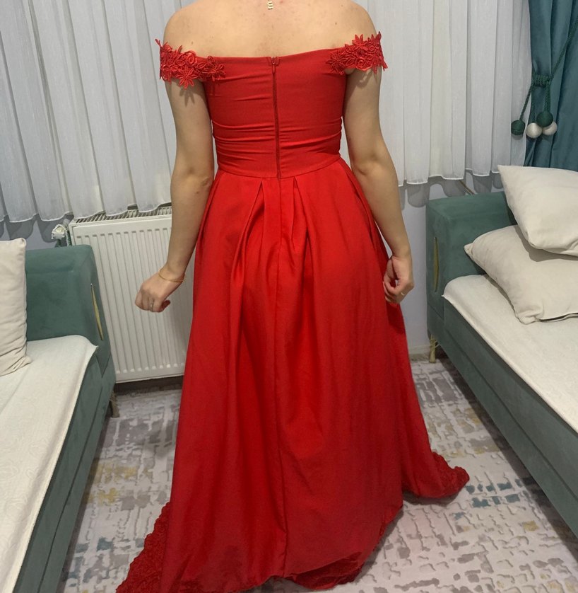 Kırmızı Drape Detaylı Uzun Abiye Elbise - Görsel 2