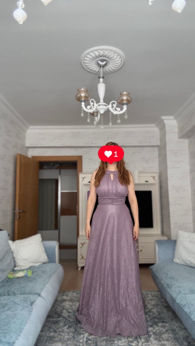 Uzun Mor Dantelli V Yaka Abiye Elbise - Görsel 2